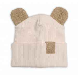 Baby Nellys Dvouvrstvá žebrovaná čepička s oušky boucle medvídek - béžová, 80/86