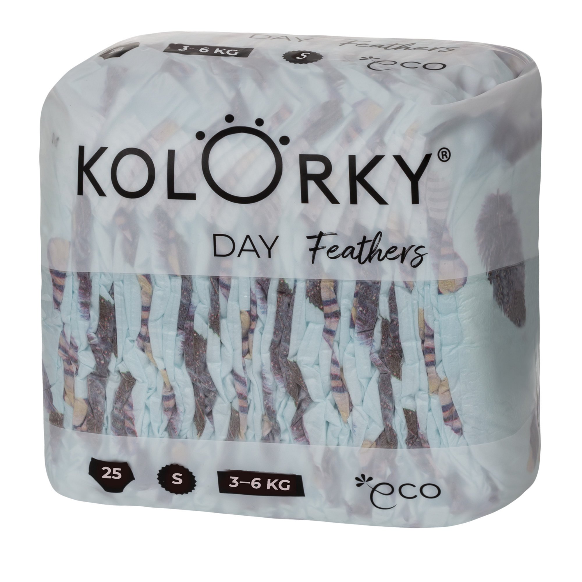 Kolorky DAY - peří - S (3-6 kg) jednorázové eko plenky 25ks