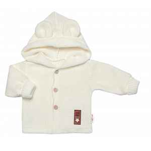 Baby Nellys Pletený svetřík s knoflíčky a kapucí s oušky, ecru,74