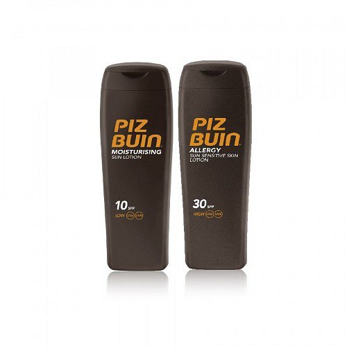 Piz Buin ALLERGY Sun Sensitive Skin Lotion SPF30 + MOISTURISING Sun Lotion SPF10 set 200 ml+200 ml + dárek PIZ BUIN - kosmetická taštička