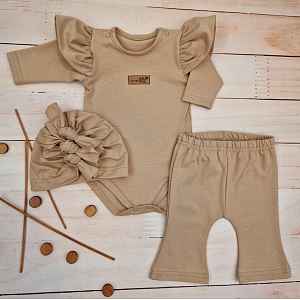 Kazum Body s volánky, legíny do zvonu a čepička, 3D, bavlna, cappuccino, vel. 62 vel.  62
