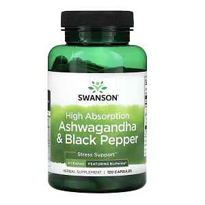 Swanson High Absorption Ashwagandha & Black Pepper, ashwagandha a černý pepř, 120 kapslí