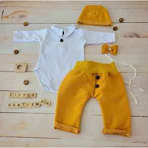 Z&Z Bavlněná soupravička body, tepláčky, čepička a motýlek 4D, , bílá/hořčicová