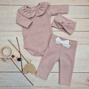 Kazum Žebrované body s límečkem, legíny a čelenka, 3D, bavlna, pudrová, vel. 80 vel.  80