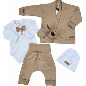 Kazum Bavlněná sada, body, kalhoty, motýlek a čepice Elegant Boy 5D,, mocca/bílá vel.  68