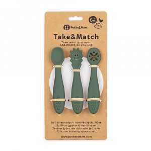 Petite&Mars Set 3 ks silikonových tréninkových lžiček Take&Match  Misty Green 6m+