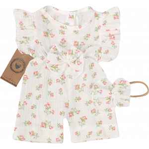 Z&Z Body s nohavičkami kr. rukáv + čelenka, mušelín, 2D sada, bílá/růžičky, vel. 80 vel.  80