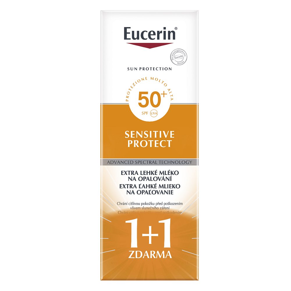 EUCERIN SUN  Extra lehké mléko na opalování Sensitive Protect SPF 50+ 2x150 ml (1+1 zdarma), poškozený obal