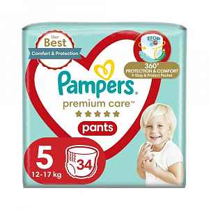 PAMPERS Premium Care Pants 5 JUNIOR (12-17 kg) 34 ks Value Pack – plenkové kalhotky