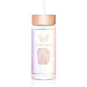 Crystallove Clear Quartz Straw Water Bottle skleněná láhev na vodu s brčkem Hologram - Rose Quartz 400 ml