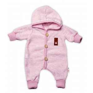 Baby Nellys Pletený overálek s kapucí Hand Made STAR,růžový,68/74