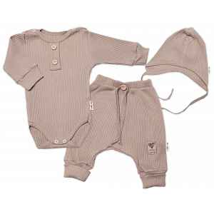 Baby Nellys 3-dílná žebrovaná soupr. Hand Made, body, tepláčky a čepička, béžová, vel. 68 vel.  68