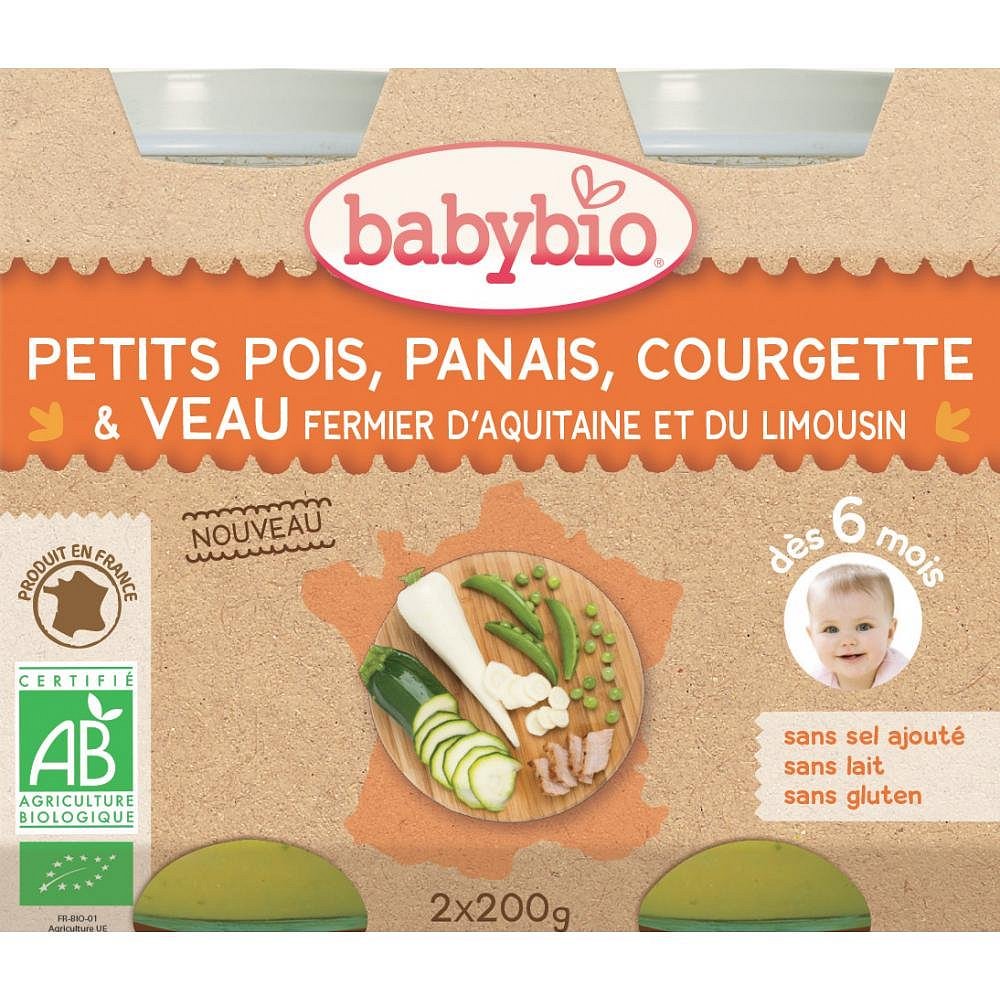 BABYBIO Denní menu Hrášek s pastiňákem cuketou a telecím masem 2x200 g, poškozený obal