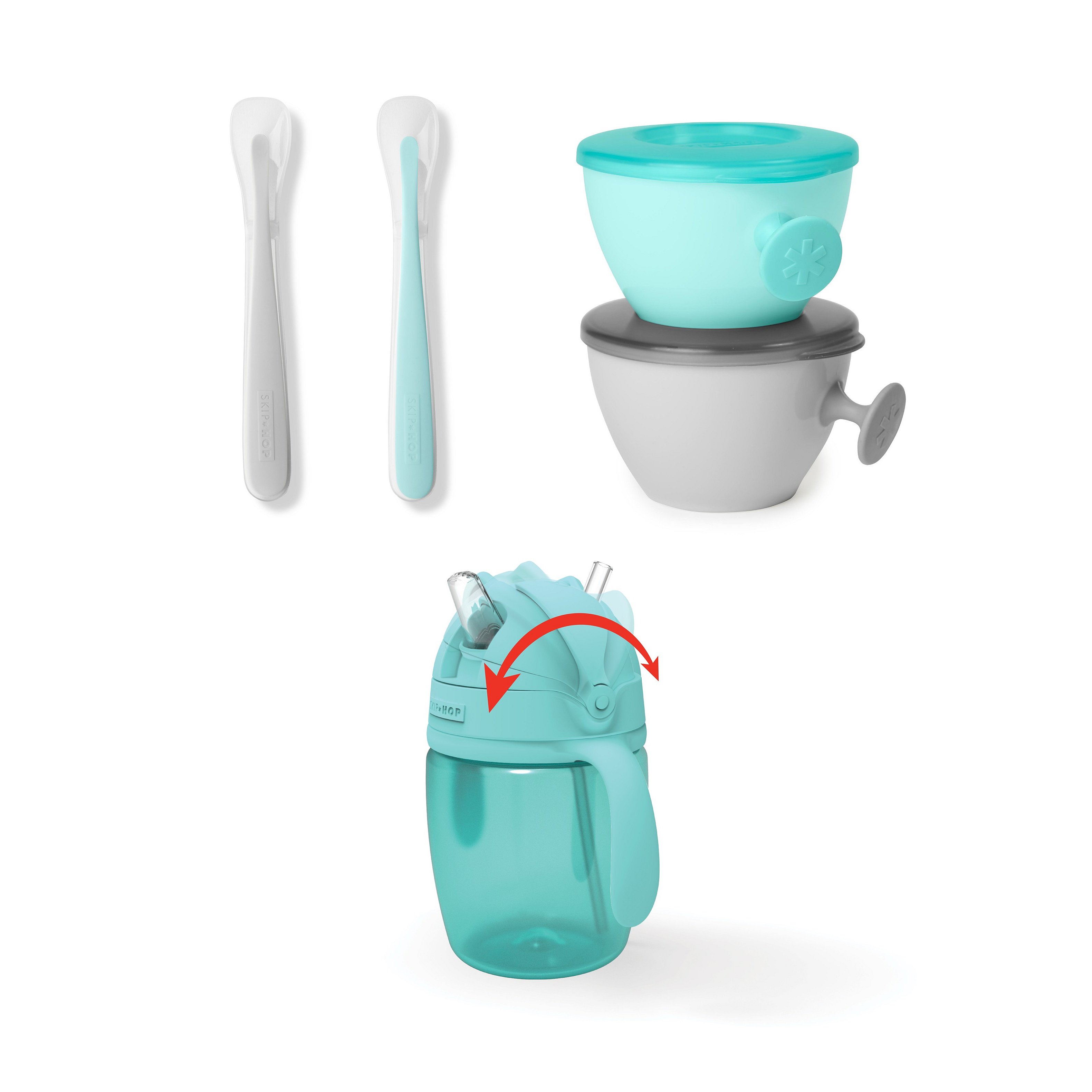 SKIP HOP Set jídelní s hrnkem 5 ks Easy-Feed Mealtime Set Teal / Grey 6m +