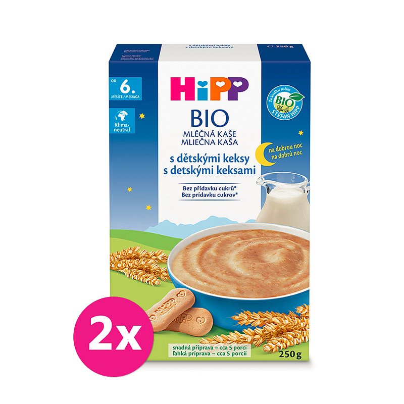 2x HiPP BIO Kaše mléčná na dobrou noc s dětskými keksy od 6. měsíce 250g