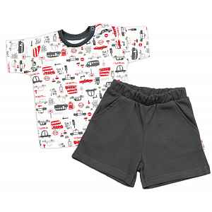 Baby Nellys Tričko, krátký rukáv + kraťásky, 2D, , Auta, bavlna, smetana/šedá, vel. 98 vel.  98