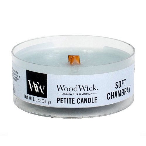 WoodWick Aromatická malá svíčka s dřevěným knotem Soft Chambray  31 g