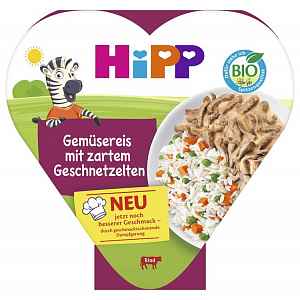 HiPP BIO Rýže se zeleninou a hráškem a jemně nakrájeným hovězím masem, od 1. roku, 250 g