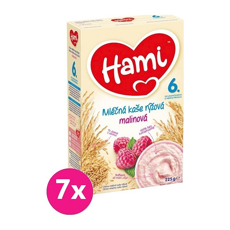 7x HAMI XXL mléčná kaše rýžová malinová 225 g, 6+