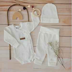 Kazum Žebrované zavinovací body, tepláčky a čepička 3D bavlněná sada, bílé, vel. 62 vel.  62