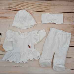 Kazum Pletená ažurková sada 4D, tunika, polodupačky, čepička + čelenka , bílá, vel. 68 vel.  68