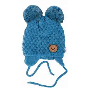 Baby Nellys Zimní pletená čepice Teddy Bear na zavazování, modrá