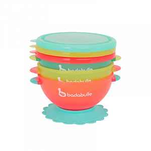 Badabulle Misky s víčky a přísavkou Tyrkys/Orange/Yellow sada 3x330ml