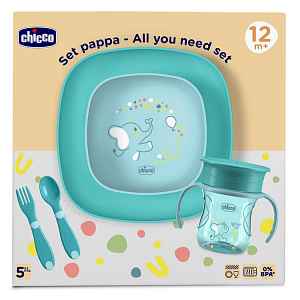 CHICCO Set jídelní - miska, talíř, láhev a příbor blue 12m+
