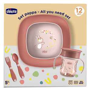 CHICCO Set jídelní - miska, talíř, láhev a příbor pink 12m+