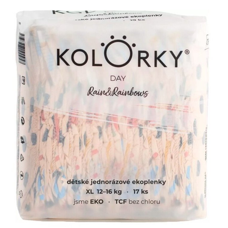 KOLORKY DAY Pleny jednorázové eko, déšť&duhy XL (12-16 kg) 17 ks