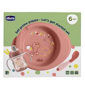 CHICCO Startovní set - talíř, láhev a lžička pink 6m+