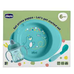 CHICCO Startovní set - talíř, láhev a lžička blue 6m+