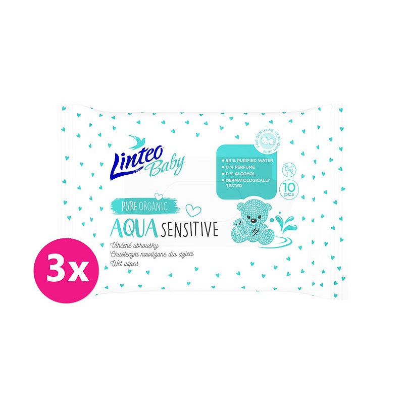 3x LINTEO Vlhčené ubrousky Baby Aqua Sensitive 10 ks