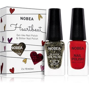 NOBEA Heartbeat sada barevný a třpytivý lak na nehty Festive Red odstín