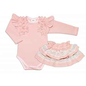 Baby Nellys 2-dílná sada, body dl.rukáv + suknička s krajkou a volánky vel.  98, pudrová