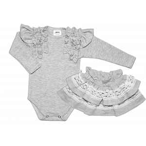 Baby Nellys 2 dílná sada, body dl.rukáv + suknička s krajkou a volánky vel.  74, šedá