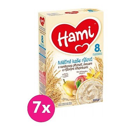 7x HAMI XXL mléčná kaše rýžová s vanilkovou příchutí, ovocem a rýžovými křupinkami 225 g, 8+