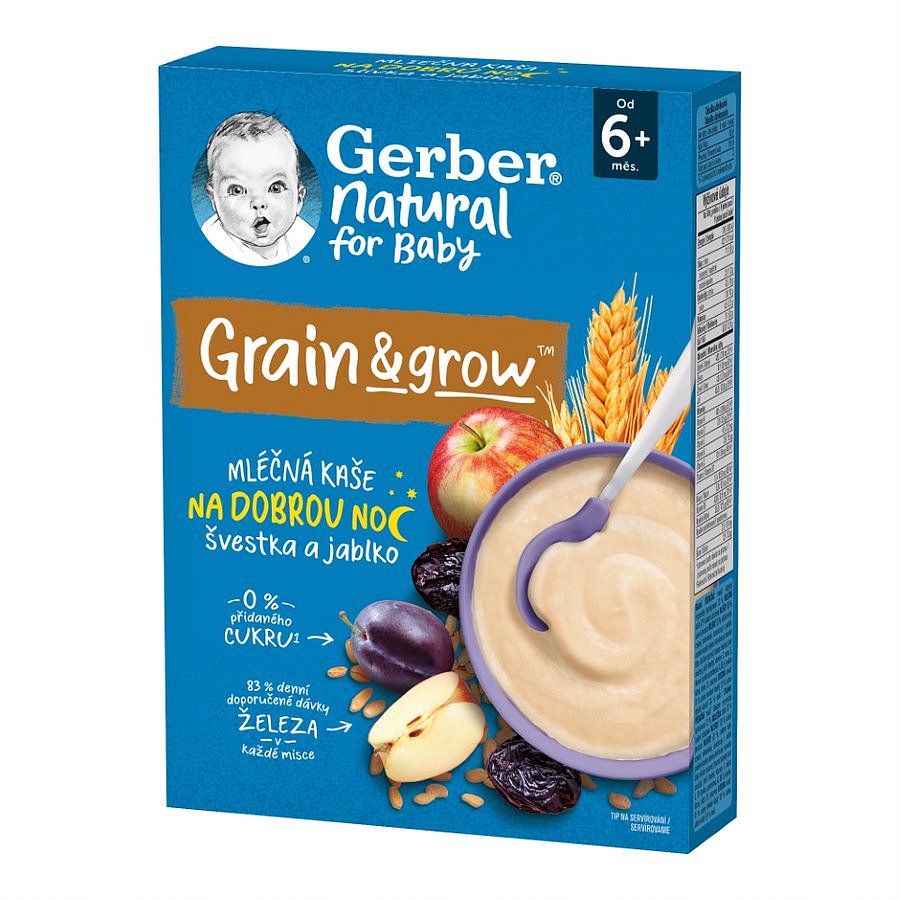 Gerber Natural for Baby Mléčná kaše na dobrou noc jablko+švestka 6m+ 220 g