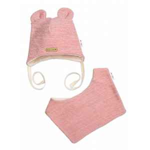Baby Nellys Pletená čepice s bavlněnou podšívkou a šátkem 2v1, Teddy Hand made - růžová