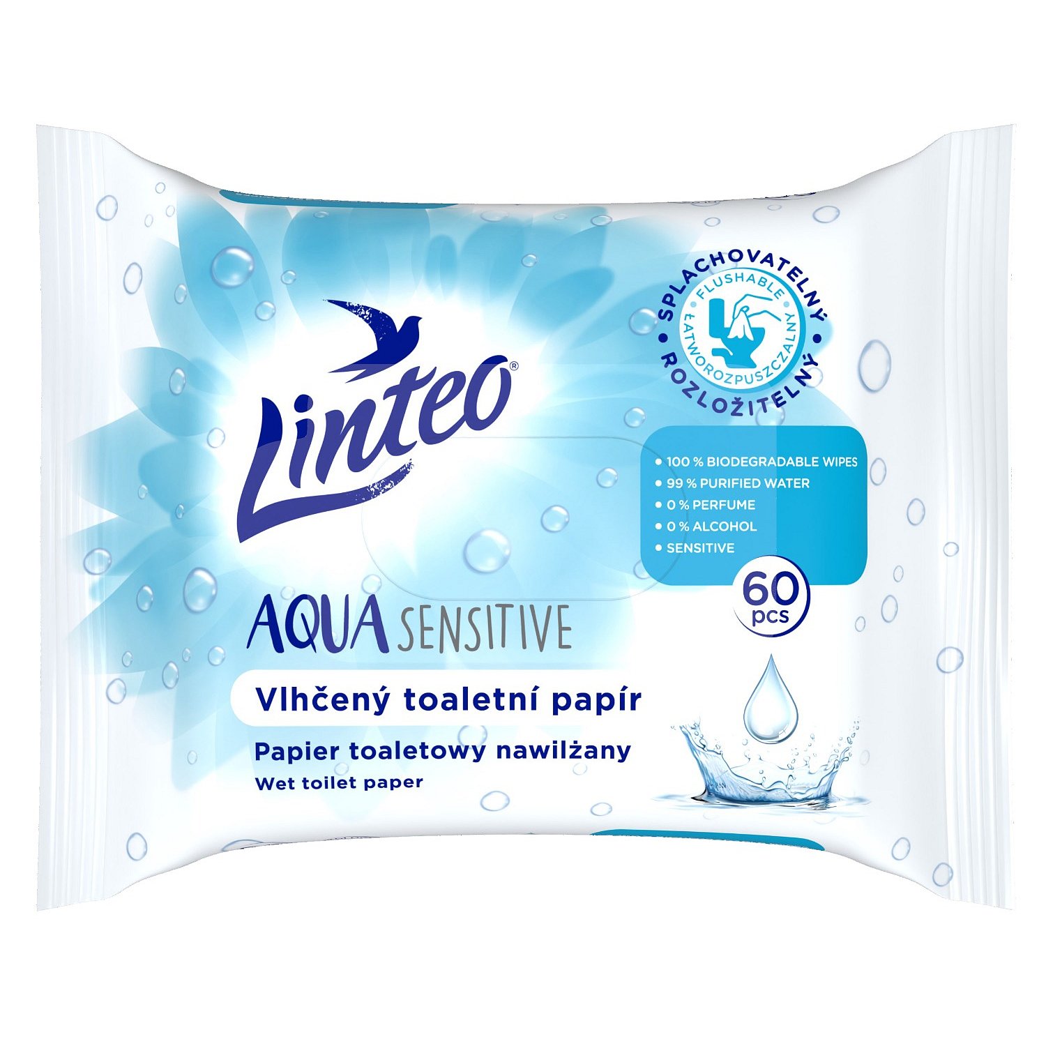 Linteo AQUA Sensitive splachovatelný vlhčený toaletní papír 60 ks