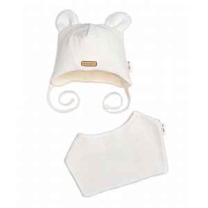 Baby Nellys Pletená čepice s šátkem 2v1, Teddy Hand made - kokosové bílá