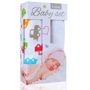 T-TOMI Baby set - bambusová osuška BIO auta + bambusová osuška bílá