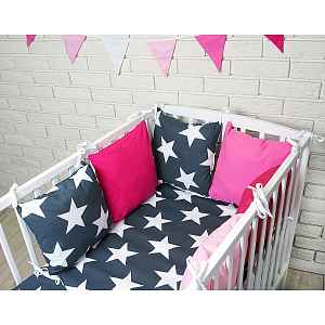 Baby Nellys Polštářkový mantinel s povlečením - hvězdy, černá/malinová, 120x90 cm
