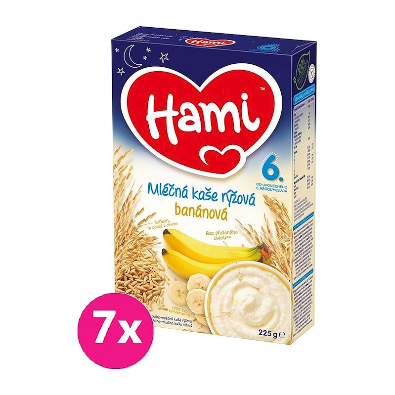 7x HAMI XXL mléčná kaše rýžová banánová na dobrou noc 225 g, 6+