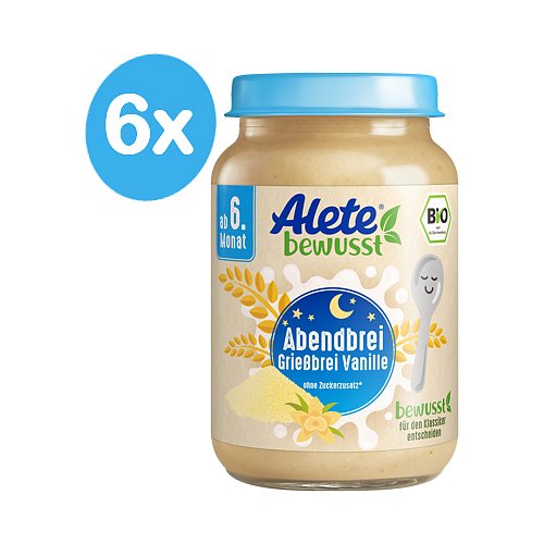 Alete BIO Příkrm kaše večerní semolinová s vanilkovou příchutí 6m+ 6x190 g