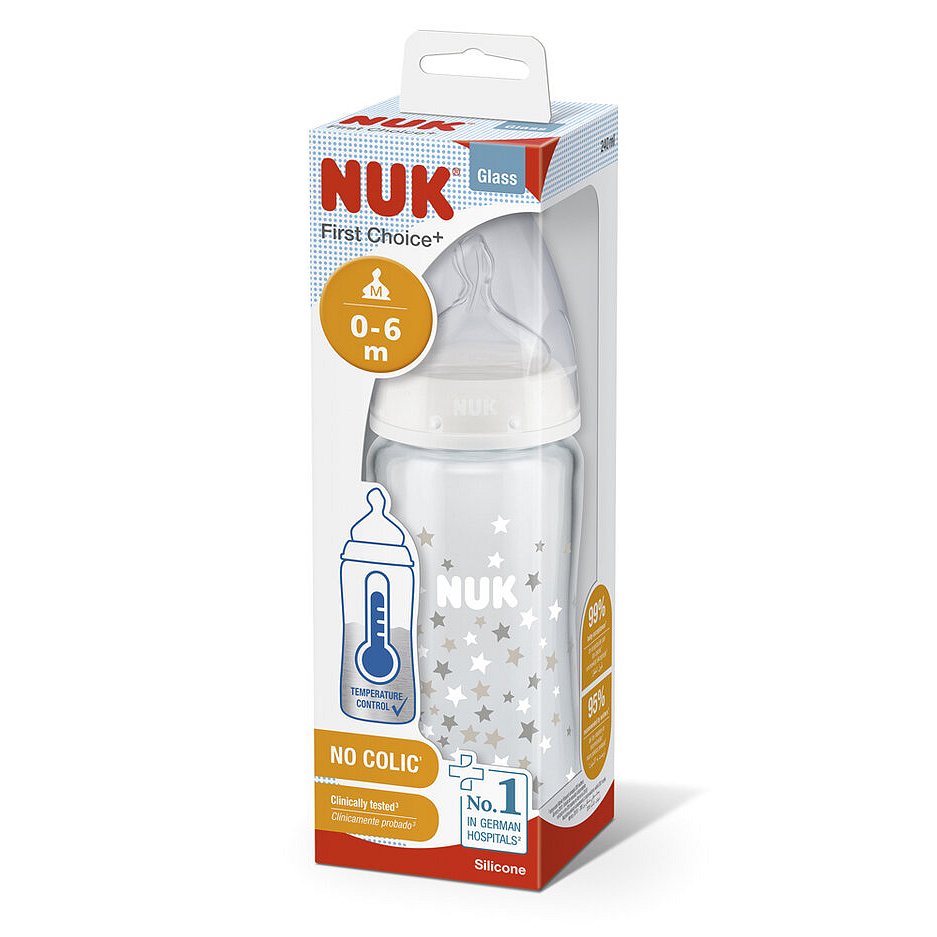 NUK FC+ Lahev skleněná s kontrolou teploty 240 ml - bílá