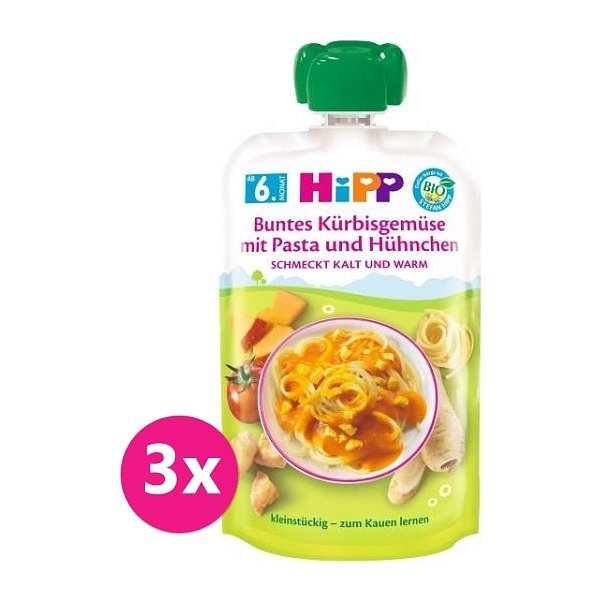 3 x HiPP BIO Zelenina, dýně, těstoviny, kuřecí maso od uk. 5. měsíce, 130 g