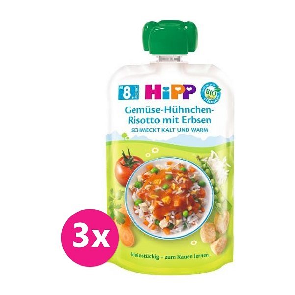 3 x HiPP BIO Zeleninové rizoto, kuřecí maso, hrášek od uk. 7. měsíce, 130 g