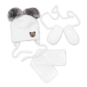 Baby Nellys Dětská sada, zimní čepice s šálou + rukavičky 3D, Teddy Bear - bílá