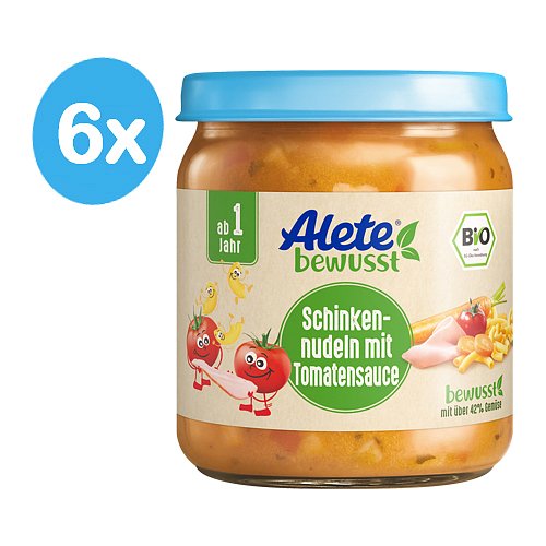 Alete BIO Příkrm těstoviny se šunkou v zeleninové omáčce 12m+ 6x250 ml